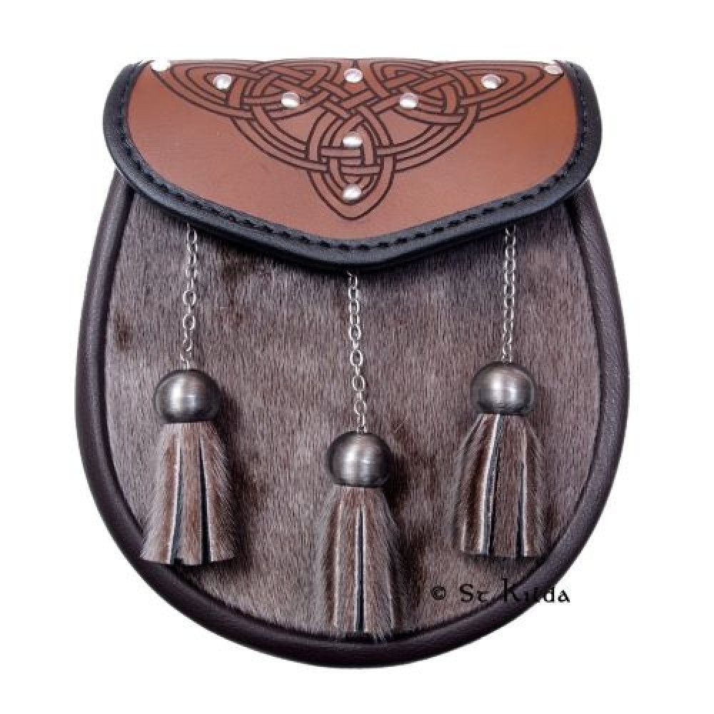 SSD23BR Brown Triangill Semi-Dress Sporran - Studded with Celtic Interlace SSD23BR Brown Triangill Semi-Dress Sporran - Studded with Celtic Interlace