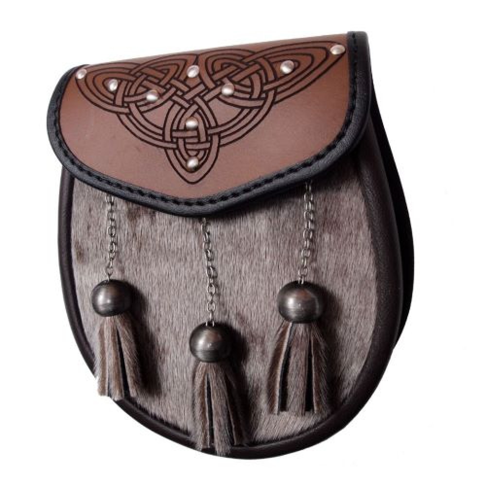 SSD23BR Brown Triangill Semi-Dress Sporran - Studded with Celtic Interlace SSD23BR Brown Triangill Semi-Dress Sporran - Studded with Celtic Interlace